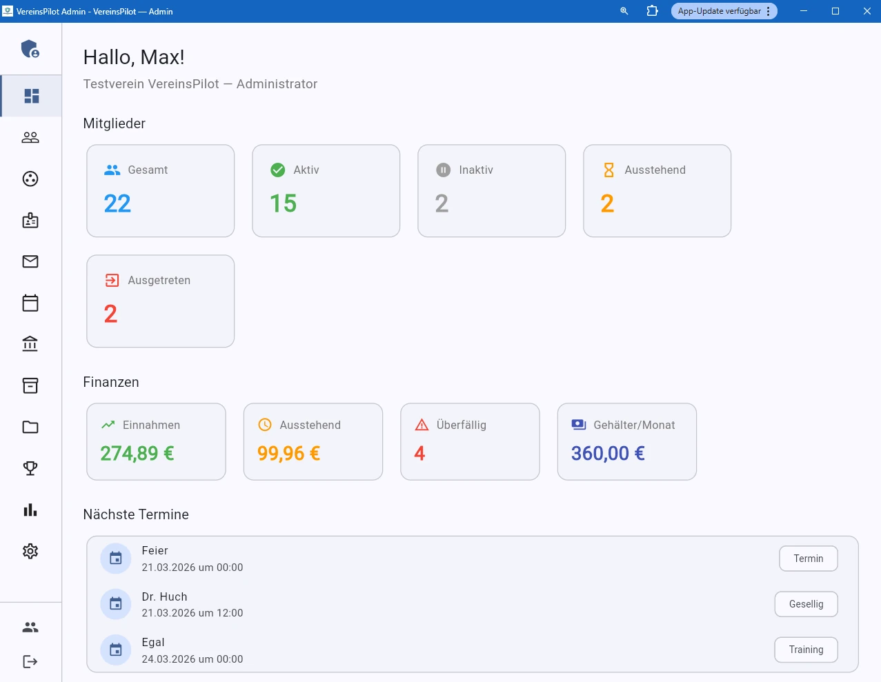 VereinsPilot Dashboard mit Mitglieder- und Finanzübersicht